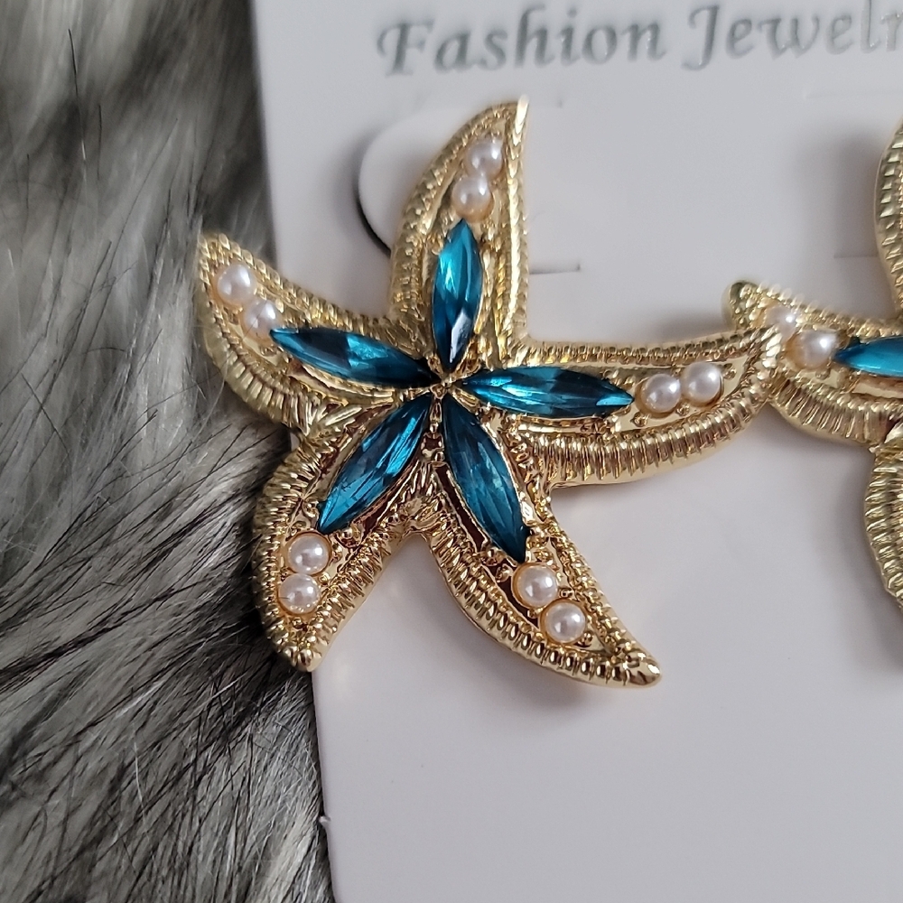 Gold and Blue Starfish Earrings - Picture 4 of 6